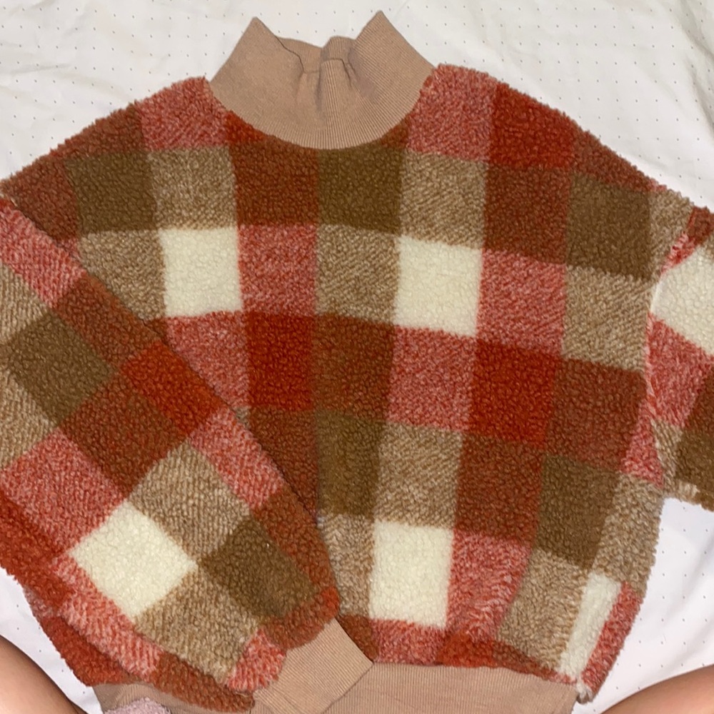Plaid Turtle Neck Fuzzy Cropped Sweater